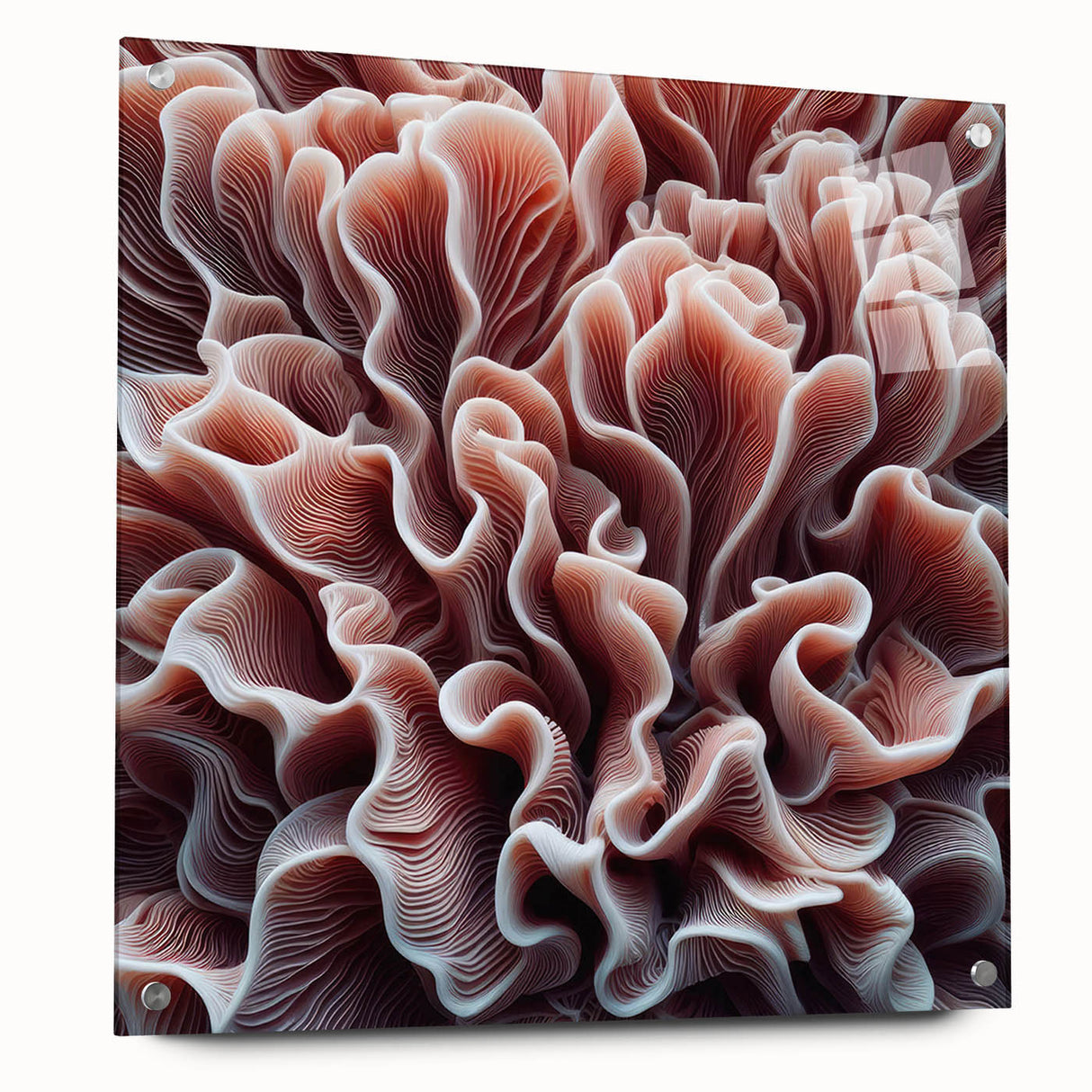 Acrylic glass wall art showcasing a vibrant marine life coral design, featuring colorful underwater elements and mounted with decorative pins, ideal for ocean-themed decor.
