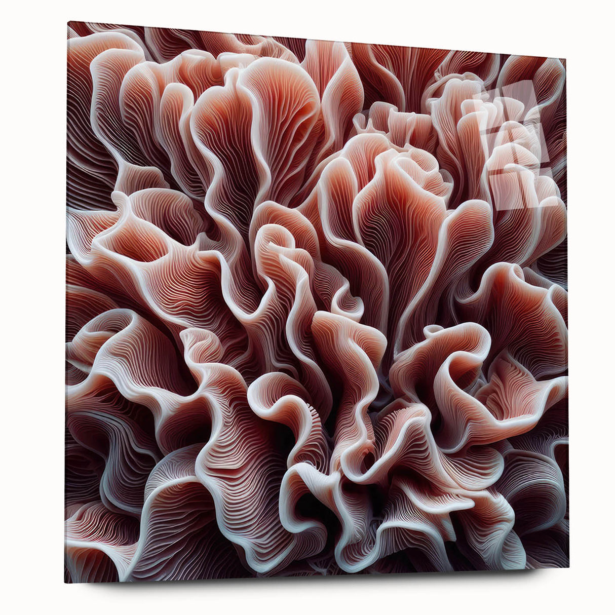 Side view of a vibrant marine life coral design wall art piece, showcasing intricate aquatic patterns in blue and orange hues, framed in sleek acrylic glass. Perfect for enhancing coastal-themed decor.