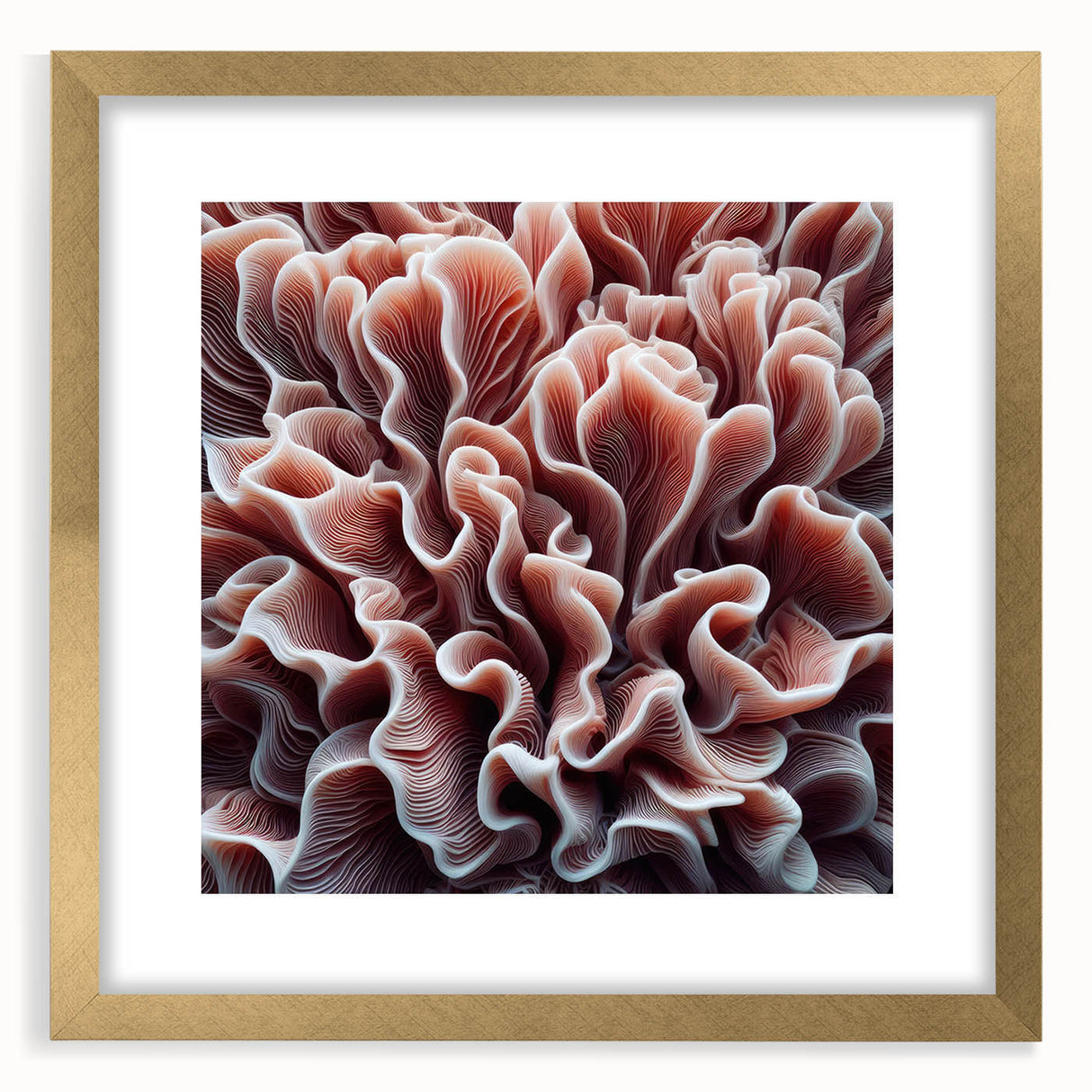 Framed wall art featuring a vibrant marine life coral design, highlighted with a gold frame and mat, ideal for ocean-themed decor in living spaces.