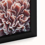 Close-up of a vibrant framed canvas wall art piece showcasing intricate coral reef marine life design, featuring vivid colors and detailed textures, perfect for ocean-themed decor.