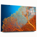 Vibrant acrylic wall art showcasing a marine life coral design in rich blues and greens, displayed from the side without pins, ideal for ocean-themed decor.