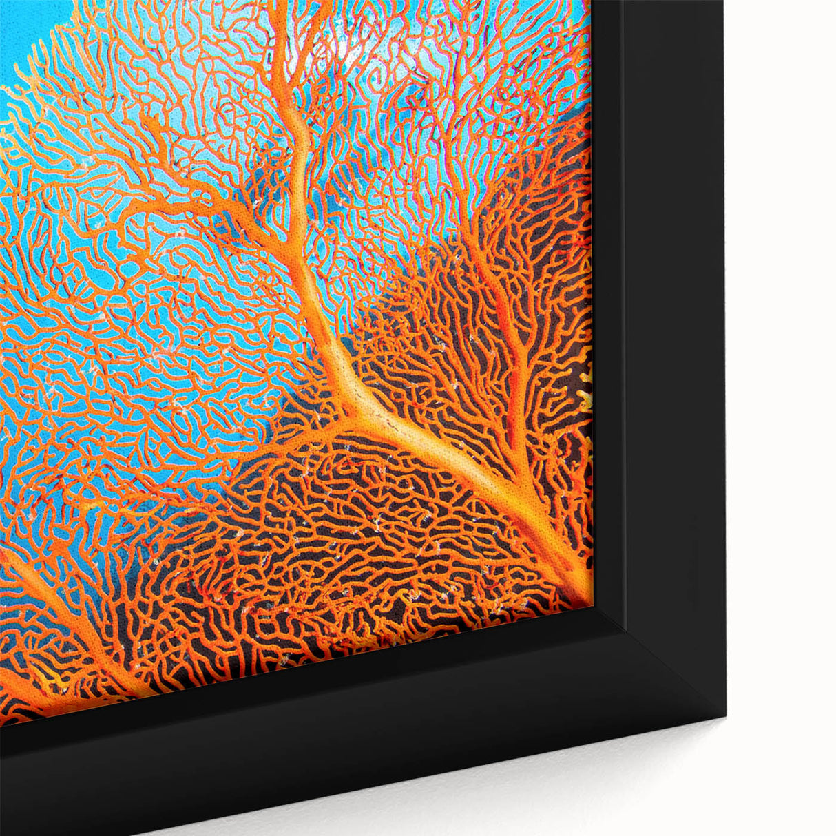 Close-up of a framed canvas wall art piece showcasing vibrant marine life and intricate coral designs, perfect for enhancing ocean-themed decor in homes or offices.