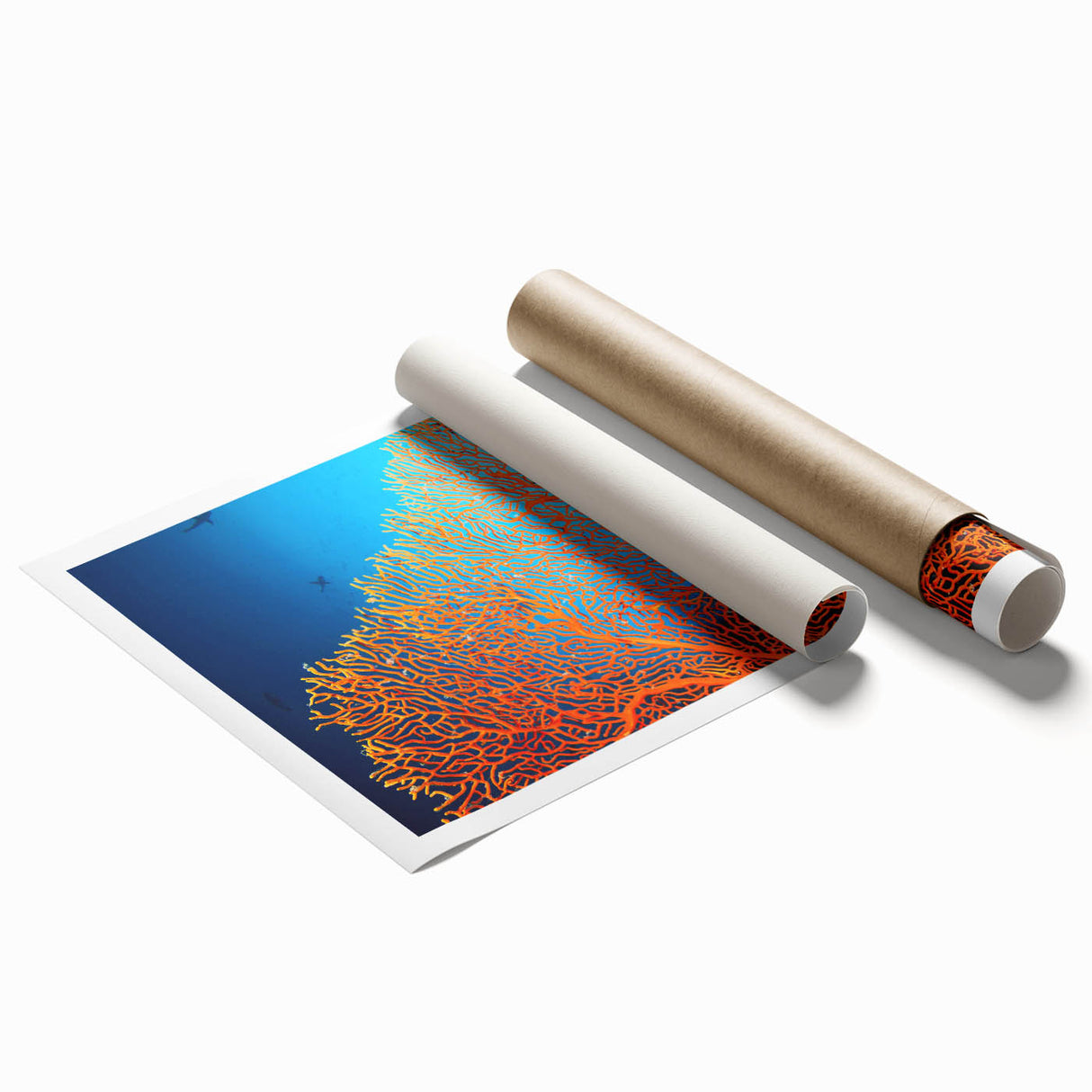 Vibrant coral-themed wall art print showcasing intricate marine life designs in vivid colors, perfect for ocean lovers and home decor enthusiasts.