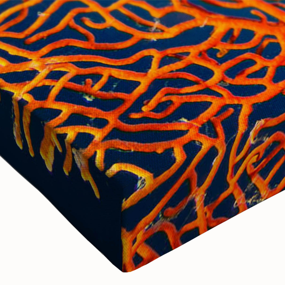Close-up of a vibrant coral reef wall art design on stretched canvas, showcasing intricate marine life details and rich colors, perfect for ocean-themed decor.