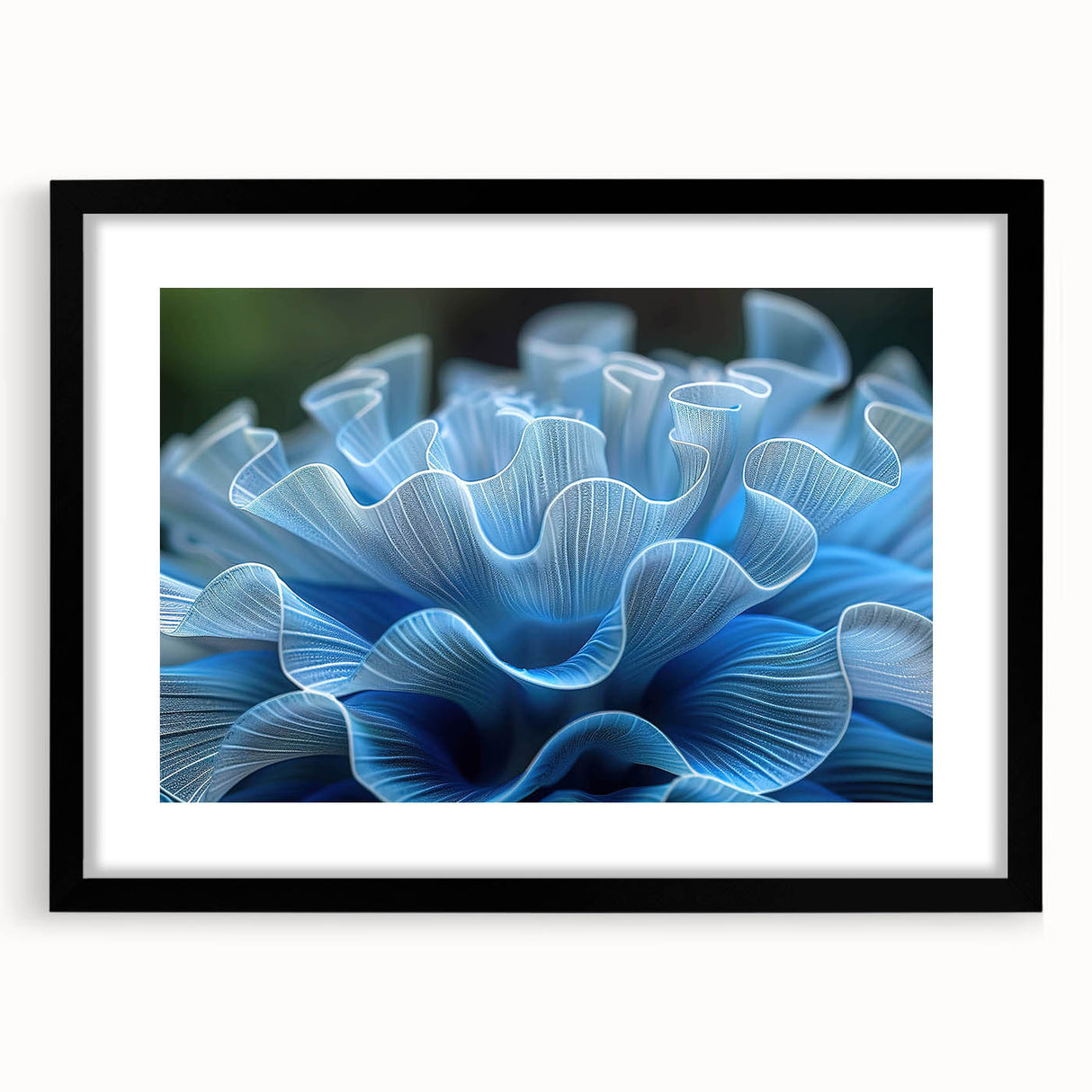 Framed wall art featuring a vibrant coral reef design in shades of blue and orange, set in a sleek black frame, perfect for marine life enthusiasts and home decor.