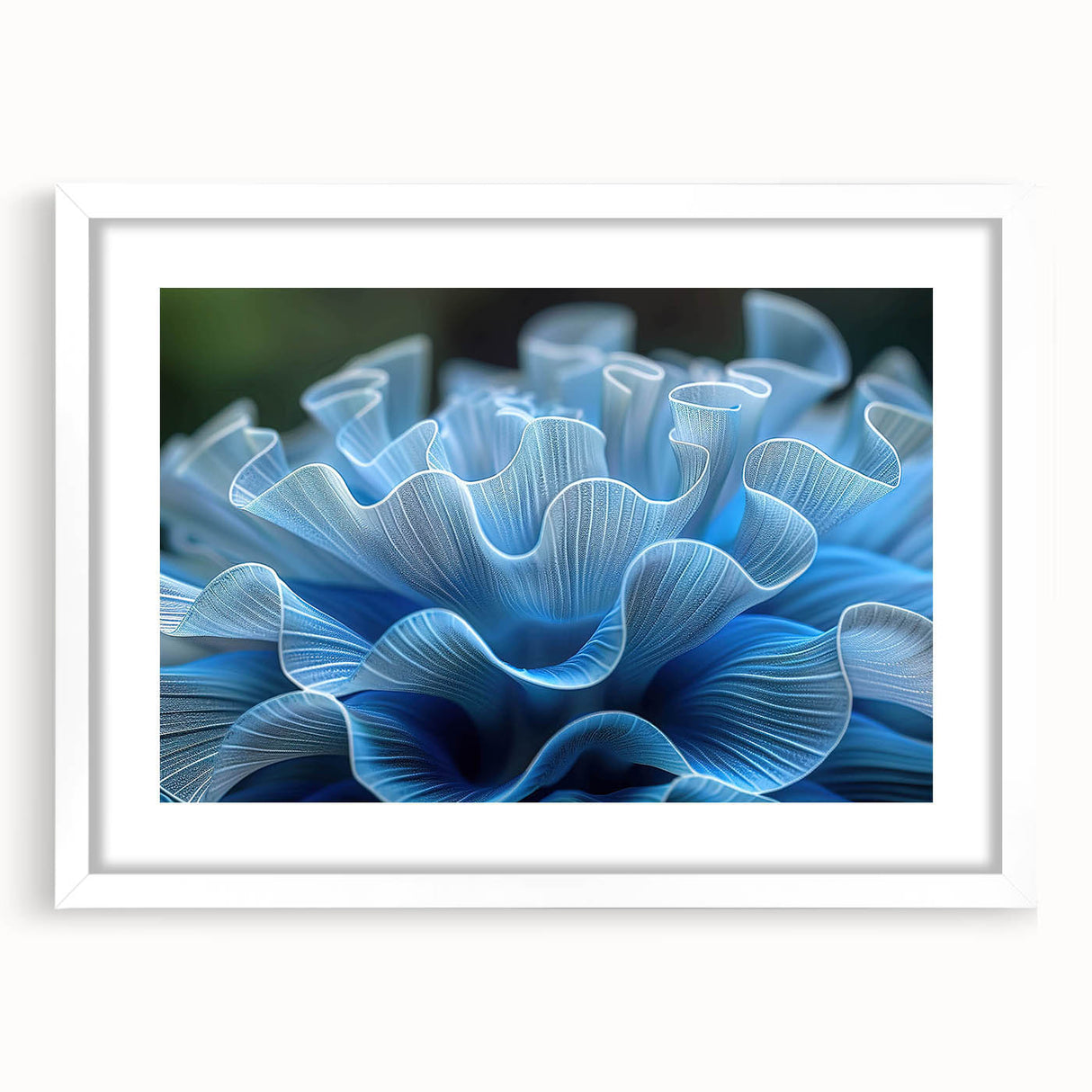 Framed wall art showcasing a vibrant marine life coral design in shades of blue and orange, featuring a white mat for an elegant presentation, perfect for ocean-themed decor.
