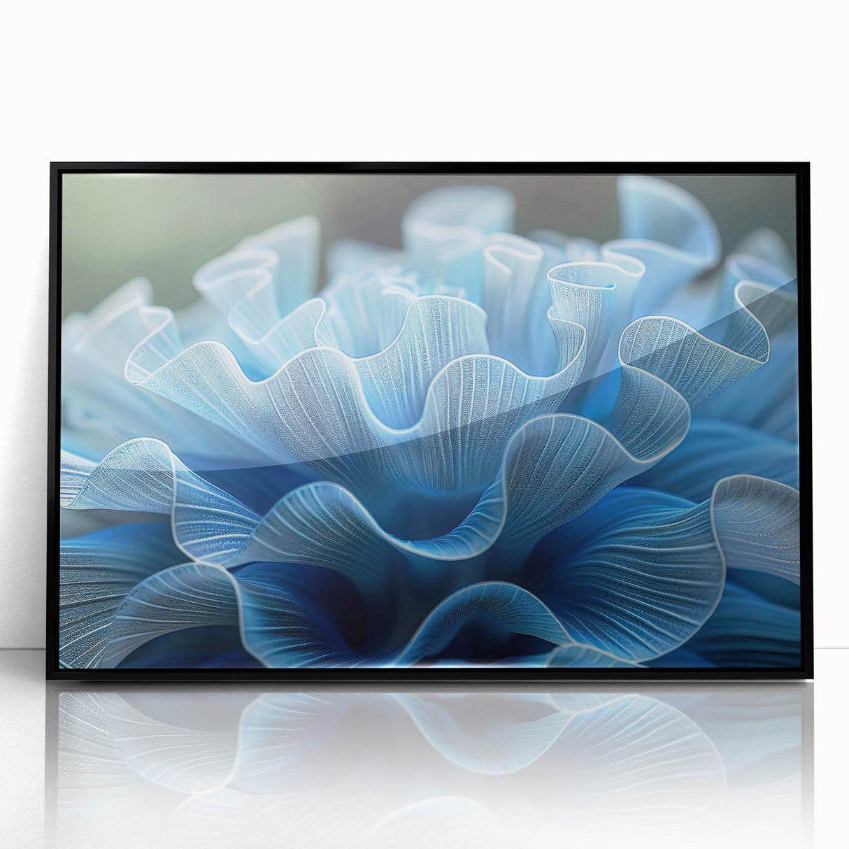 Framed acrylic wall art featuring vibrant marine life and coral design, showcased in a sleek black frame, perfect for ocean-themed decor. Ideal for enhancing modern interiors.