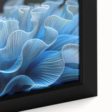 Close-up of a framed canvas wall art piece showcasing vibrant marine life coral design, featuring intricate details in shades of blue, orange, and green, perfect for ocean-themed decor.