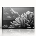 Framed acrylic wall art showcasing vibrant coral reef marine life design, featuring intricate details and a sleek black frame, ideal for ocean-themed decor.