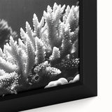 Close-up of framed canvas wall art showcasing a vibrant marine life coral design in rich colors, perfect for ocean-themed decor or nature enthusiasts.