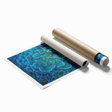 Vibrant marine life coral design wall art print showcasing intricate details in bright colors, ideal for ocean-themed decor, rolled and ready for framing.