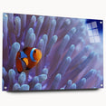 Acrylic glass wall art showcasing a vibrant marine life coral design, elegantly displayed from the side with metal pins. Ideal for ocean-themed decor.