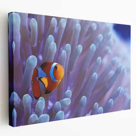 Stretched canvas wall art showcasing vibrant marine life and coral design in a side view, perfect for coastal-themed decor and ocean enthusiasts.