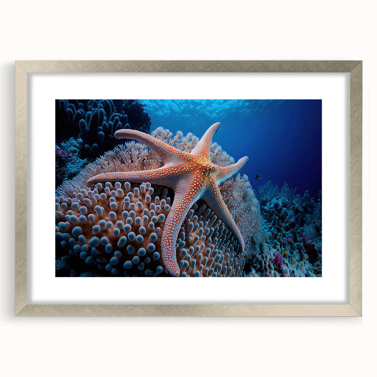 Elegant silver-framed wall art collection showcasing vibrant coral marine life design, perfect for ocean-themed decor. Ideal for enhancing living spaces and promoting marine conservation.