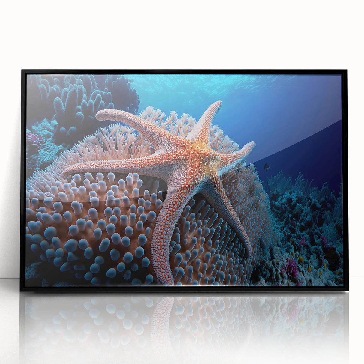 Framed acrylic wall art featuring vibrant coral reef marine life design, set in a sleek black frame, perfect for ocean-themed home decor.