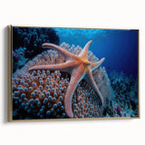 Framed canvas wall art showcasing a vibrant marine life coral design in gold tones, ideal for coastal decor. Side view highlights the elegant frame.