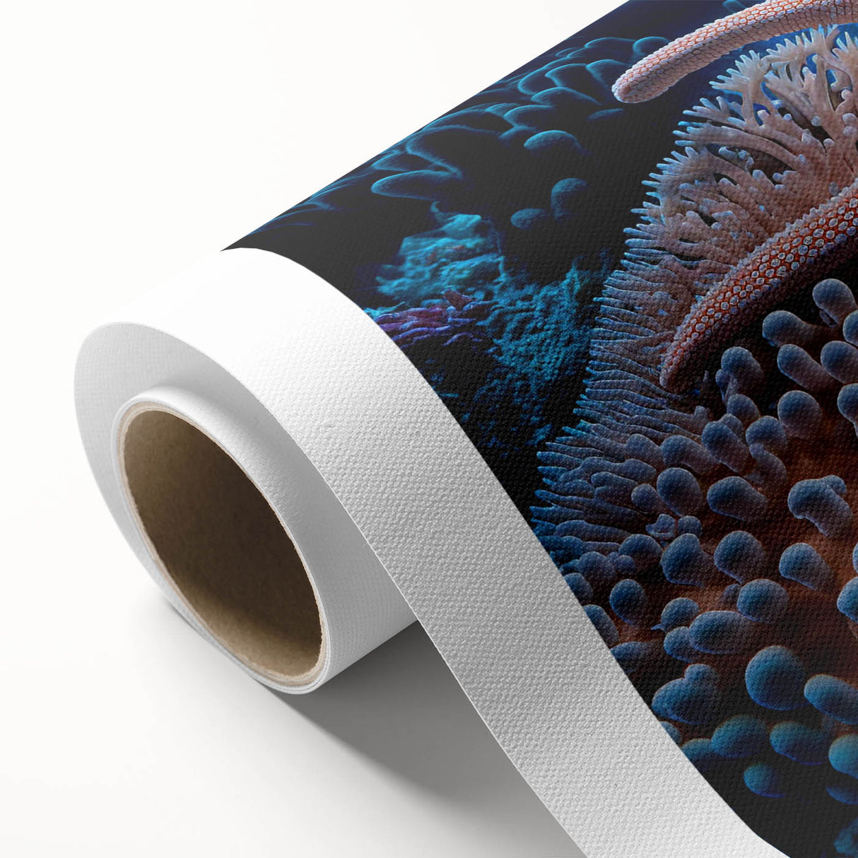 Vibrant coral reef illustration on rolled canvas, showcasing marine life in bright colors. Ideal for ocean-themed decor, perfect for adding a coastal touch.