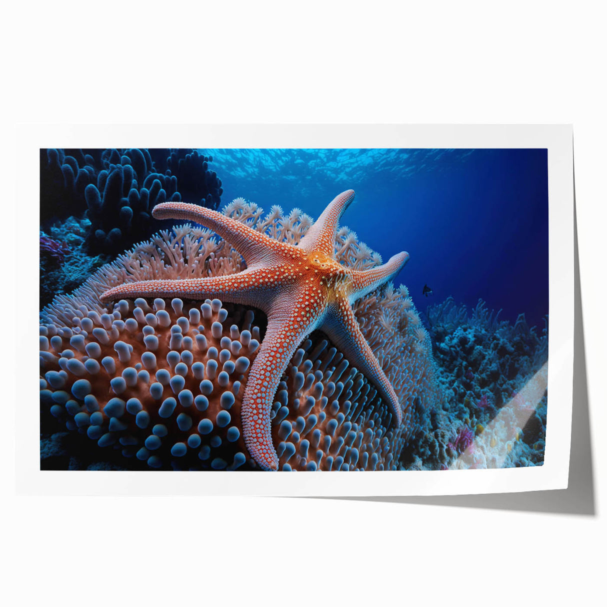 Vibrant marine life coral design wall art print showcasing colorful oceanic elements, perfect for enhancing coastal-themed décor. Ideal for home or office settings.