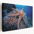 Side view of a vibrant coral reef wall art collection on stretched canvas, showcasing intricate marine life designs in bright colors, perfect for coastal decor.