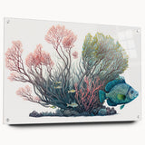 Acrylic wall art display featuring a vibrant marine life and coral design, showcasing intricate aquatic details and colors, mounted with decorative pins for a stylish presentation.