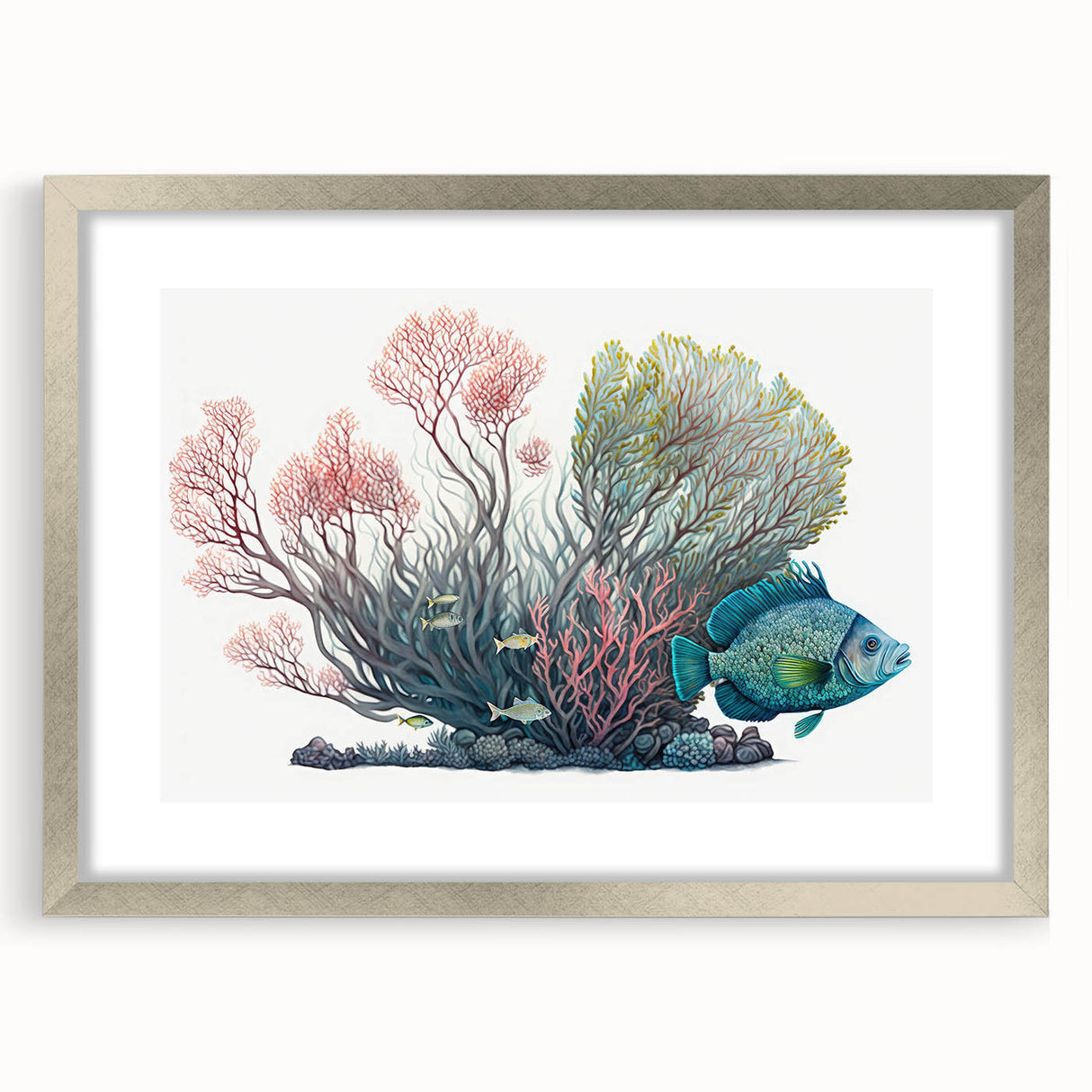 Framed wall art featuring a vibrant marine life coral design in a silver frame, showcasing intricate details and vivid colors, perfect for ocean-themed decor.