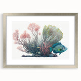Framed wall art featuring a vibrant marine life coral design in a silver frame, showcasing intricate details and vivid colors, perfect for ocean-themed decor.