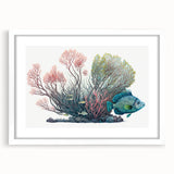 Framed wall art collection showcasing vibrant marine life and coral designs, featuring a white mat and wooden frame, perfect for ocean-themed decor.