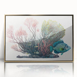 Framed acrylic wall art showcasing a vibrant marine life coral design, featuring gold accents and a contemporary style, perfect for ocean-themed decor.