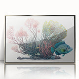 Framed acrylic wall art featuring a vibrant marine life coral design, showcasing intricate details and colors, perfect for adding a coastal touch to any room.