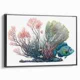 Framed wall art featuring a vibrant coral design, showcasing colorful marine life in a black frame, ideal for ocean-themed decor and enhancing living spaces.