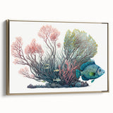 Framed canvas wall art showcasing a vibrant coral reef design in gold tones, highlighting marine life details. Ideal for ocean-themed decor in living spaces.