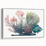 Framed wall art canvas showcasing a vibrant marine life coral design, featuring intricate details in blue and orange hues, perfect for ocean-themed decor.