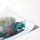 Vibrant marine life coral design wall art print showcasing colorful coral reefs and aquatic creatures, rolled for easy display and shipping in a protective tube.