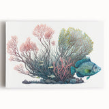 Vibrant coral reef-themed wall art on stretched canvas, showcasing intricate marine life designs in bright colors, perfect for ocean-inspired decor.