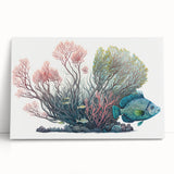 Vibrant marine life wall art featuring colorful coral designs on a stretched canvas, perfect for enhancing coastal-themed decor and marine enthusiasts' spaces.