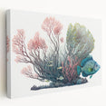 Vibrant coral reef wall art collection featuring a colorful marine life design on stretched canvas, ideal for ocean-themed decor. Perfect for enhancing any room's aesthetic.