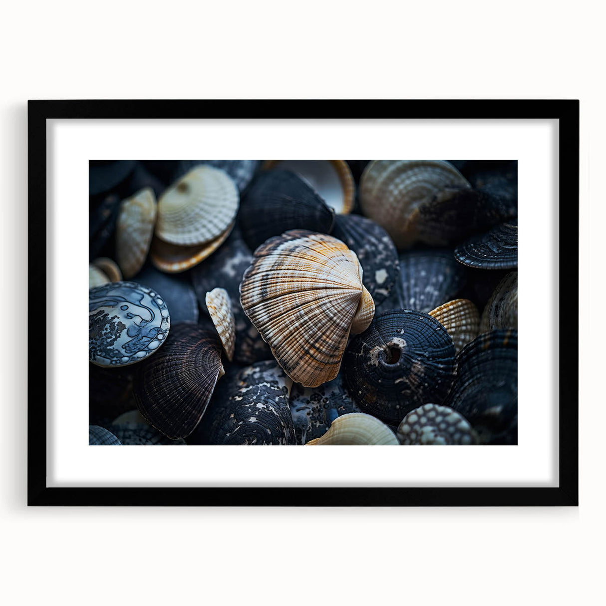 Black-framed wall art featuring a vibrant marine life coral design, showcasing intricate details in shades of blue and orange, perfect for ocean-themed decor.