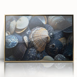 Framed wall art design featuring vibrant marine life and coral motifs in a gold-acrylic frame, ideal for enhancing coastal-themed decor.