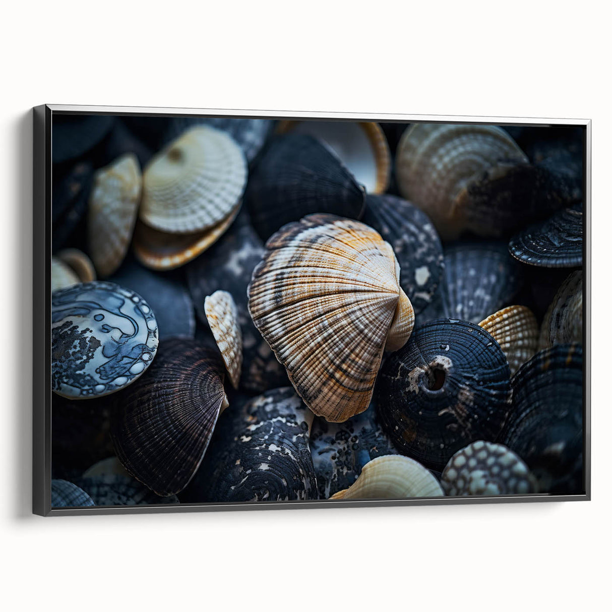 Framed canvas wall art featuring a vibrant marine life and coral design, showcasing intricate details in blue and orange hues, ideal for ocean-themed decor.