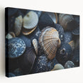 Colorful marine life wall art design printed on stretched canvas, showcasing vibrant coral patterns and aquatic imagery, ideal for coastal home decor.