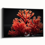 Framed canvas wall art showcasing a vibrant marine life coral design, with a sleek black frame, ideal for ocean-themed decor in living spaces.