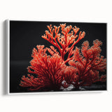 Framed canvas wall art featuring a vibrant marine life coral design in a white frame, showcasing colorful coral and aquatic elements, ideal for ocean-themed decor.
