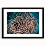 Black-framed wall art showcasing a vibrant coral reef design, featuring intricate marine life details on a textured mat, perfect for ocean-themed decor.