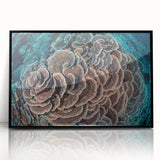 Framed acrylic wall art featuring a vibrant marine life coral design, showcasing intricate details and bright colors, perfect for ocean-themed decor.