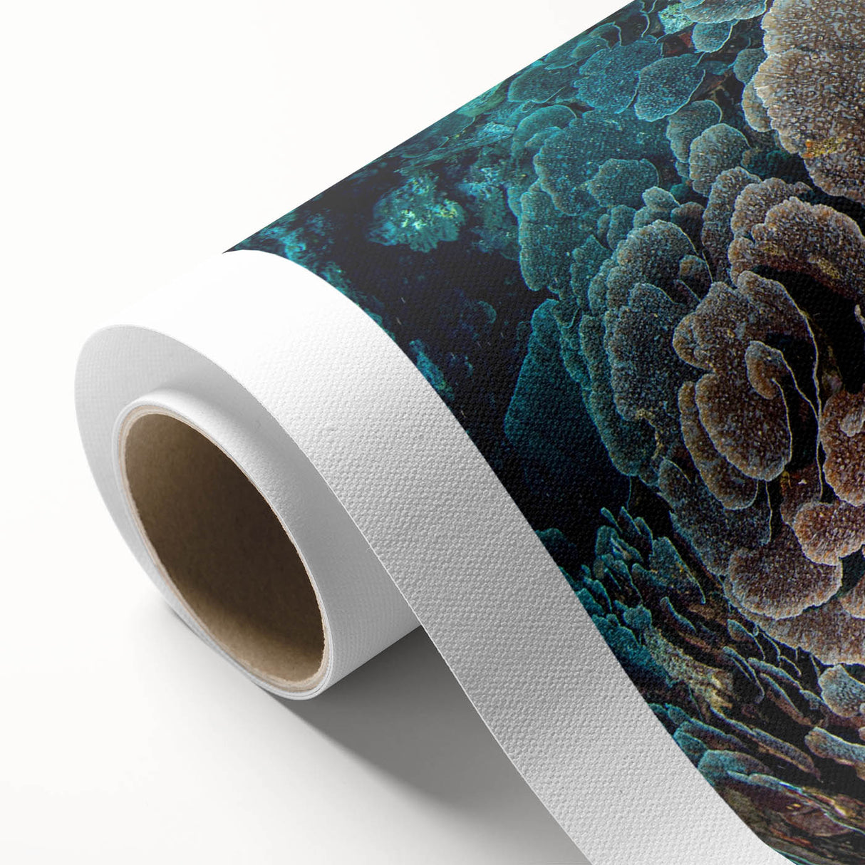 Vibrant marine life wall art design showcasing colorful corals and aquatic creatures, printed on high-quality rolled canvas, ideal for ocean-themed decor.