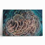 Vibrant stretched canvas wall art depicting colorful coral reef marine life, showcasing intricate details and textures, perfect for ocean-themed decor.