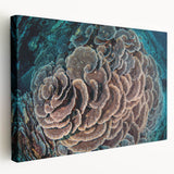 Stretched canvas art showcasing a vibrant marine life coral design in rich blues and greens, perfect for coastal home decor and ocean-themed interiors.