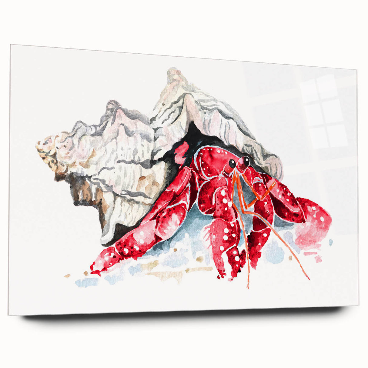 Vibrant marine life wall art featuring a detailed crab design on acrylic glass, showcasing a side view in vivid colors, ideal for ocean-themed decor.