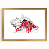 Framed wall art featuring a detailed marine life crab design in gold tones, set against a white mat. Perfect for ocean-themed decor and art enthusiasts.