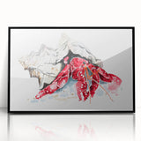 Framed black acrylic wall art featuring an intricately designed crab, showcasing vibrant marine life colors and textures, perfect for ocean-themed decor.